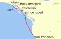 Cruise itinerary map for Princess Cruises 10 Night Inside Passage (Roundtrip San Francisco) (141564)
