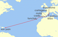Cruise itinerary map for Norwegian Cruise Line 14 Night Transatlantic: Spain from San Juan (136793)