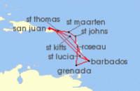 Cruise itinerary map for Princess Cruises 14 Night Southern Caribbean Adventurer (141199)