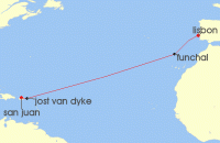 Cruise itinerary map for SeaDream Yacht Club 14 Night Transatlantic Spring Voyage I (135372)