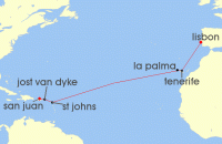 Cruise itinerary map for Silversea Cruises 14 Night San Juan To Lisbon (135338)