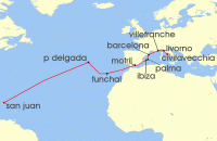 Cruise itinerary map for Norwegian Cruise Line 17 Night Transatlantic From San Juan To Rome: Italy, France & Spain (136817)
