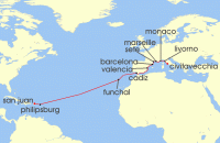 Cruise itinerary map for Viking Cruises 20 Night New! Mediterranean & Atlantic Crossing (129773)