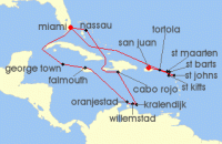 Cruise itinerary map for Oceania Cruises 20 Night Sju to Mia San Juan to Miami (133614)