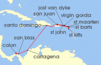 Cruise itinerary map for Windstar Cruises 13 Night Star Collector: Beaches & Bastions of the BVI and Spanish Caribbean (132070)