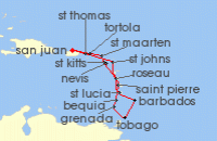 Cruise itinerary map for Azamara Cruises 14 Night Eastern Caribbean Voyage (134052)