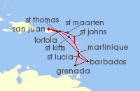 Cruise itinerary map for Princess Cruises 14 Night Southern Caribbean Adventurer (141191)