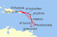 Cruise itinerary map for Princess Cruises 14 Night Southern Caribbean Adventurer (130741)