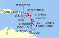 Cruise itinerary map for Azamara Cruises 13 Night Eastern Caribbean Voyage (134051)