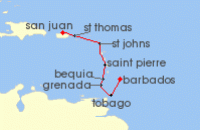 Cruise itinerary map for Azamara Cruises 7 Night Cruise Southern Caribbean Cruise: Antigua, Martinique & Bequia (134050)