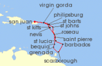 Cruise itinerary map for Azamara Cruises 14 Night Cruise Caribbean Cruise: San Juan, Antigua & Barbados (130088)