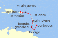 Cruise itinerary map for Azamara Cruises 8 Night Cruise Southern Caribbean Cruise: Martinique, Grenada & U.S. Virgin Islands (140032)