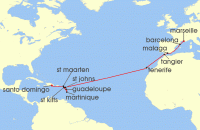 Cruise itinerary map for Costa Cruises 19 Night Ocean Cruises from Santo Domingo (137013)