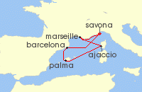 Cruise itinerary map for Costa Cruises 6 Night Mini Cruises from Savona (143389)