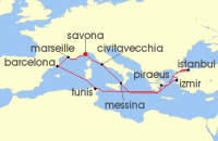 Cruise itinerary map for Costa Cruises 14 Night Eastern Mediterranean from Savona (128109)