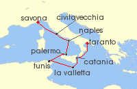 Cruise itinerary map for Costa Cruises 7 Night Mediterranean from Savona (120198)