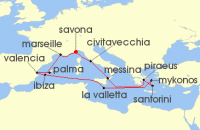 Cruise itinerary map for Costa Cruises 14 Night Eastern Mediterranean from Savona (143245)