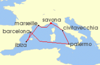 Cruise itinerary map for Costa Cruises 7 Night Mediterranean from Savona (133030)
