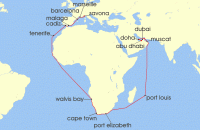 Cruise itinerary map for Costa Cruises 43 Night Ocean Cruises from Savona (129278)