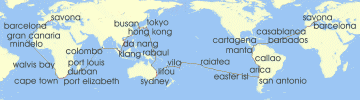 Cruise itinerary map for Costa Cruises 132 Night World Tour from Savona (128733)