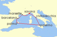 Cruise itinerary map for Costa Cruises 8 Night Mediterranean from Savona (51610)