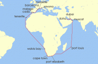Cruise itinerary map for Costa Cruises 42 Night Ocean Cruises from Savona (131182)