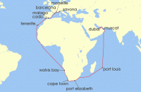 Cruise itinerary map for Costa Cruises 37 Night Ocean Cruises from Savona (129276)