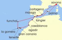 Cruise itinerary map for Phoenix Reisen 18 Nacht Weihnachten und Silvester im sonnigen Suden (125550)