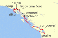 Cruise itinerary map for Oceania Cruises 10 Night Inside Passage Discovery Seattle to Vancouver (139286)