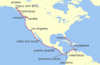 Cruise itinerary map for Cunard Line 28 Night Seattle To Miami (130059)