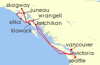 Cruise itinerary map for Oceania Cruises 11 Night Alaskan Dreamscapes Seattle to Vancouver (138574)