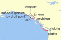 Cruise itinerary map for Norwegian Cruise Line 10 Night Alaska Round-trip Seattle: Hubbard Glacier, Skagway & Juneau (117836)