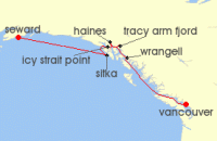 Cruise itinerary map for Windstar Cruises 10 Night Alaskan Splendors (130416)