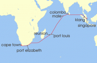 Cruise itinerary map for TUI Cruises 22 Nachte - Indischer Ozean Mit Mauritius - Ab Singapur/Bis Kapstadt (140003)