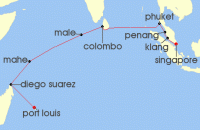 Cruise itinerary map for Regent Seven Seas Cruises 17 Night Discoveries Of Wonder & Joy Singapore To Port Louis (141115)