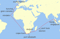 Cruise itinerary map for Cunard Line 36 Night Singapore To Southampton (140617)