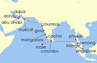 Cruise itinerary map for Regent Seven Seas Cruises 22 Night Spice & Sands Singapore To Abu Dhabi (129945)