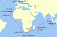 Cruise itinerary map for Cunard Line 38 Night Singapore To Hamburg (140616)