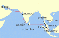 Cruise itinerary map for Oceania Cruises 16 Night A Journey of Color & Spice Singapore to Dubai (138644)