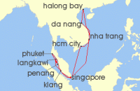 Cruise itinerary map for Princess Cruises 16 Night Malaysia, Thailand & Vietnam with Halong Bay (120282)