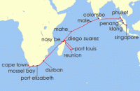 Cruise itinerary map for Regent Seven Seas Cruises 31 Night Shores Of Silk & Sun Singapore To Cape Town (141118)