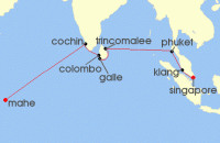 Cruise itinerary map for Silversea Cruises 18 Night Singapore To Mahe (137085)