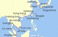 Cruise itinerary map for Oceania Cruises 27 Night Grand Empires of Asia Singapore to Seoul (139064)
