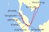 Cruise itinerary map for Silversea Cruises 16 Night Singapore To Singapore (140321)