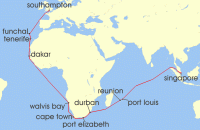 Cruise itinerary map for Cunard Line 39 Night Singapore To Southampton (131657)