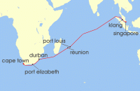 Cruise itinerary map for Cunard Line 19 Night Singapore To Cape Town (140618)