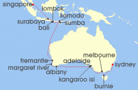 Cruise itinerary map for Oceania Cruises 22 Night Komodos & Kangaroos Singapore to Sydney (133979)