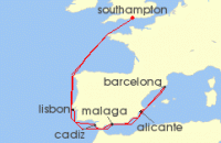 Cruise itinerary map for Cunard Line 12 Night Spain And Portugal (135090)