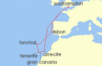 Cruise itinerary map for Cunard Line 12 Night Canary Island Celebration (118598)