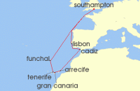 Cruise itinerary map for P & O Cruises 14 Night Spain Portugal And Canary Islands (67981)